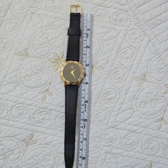 VTG Sharp Quartz Watch Gold Tone Black Dial Leather Band Unisex Japan Mvt 273811 main image 8